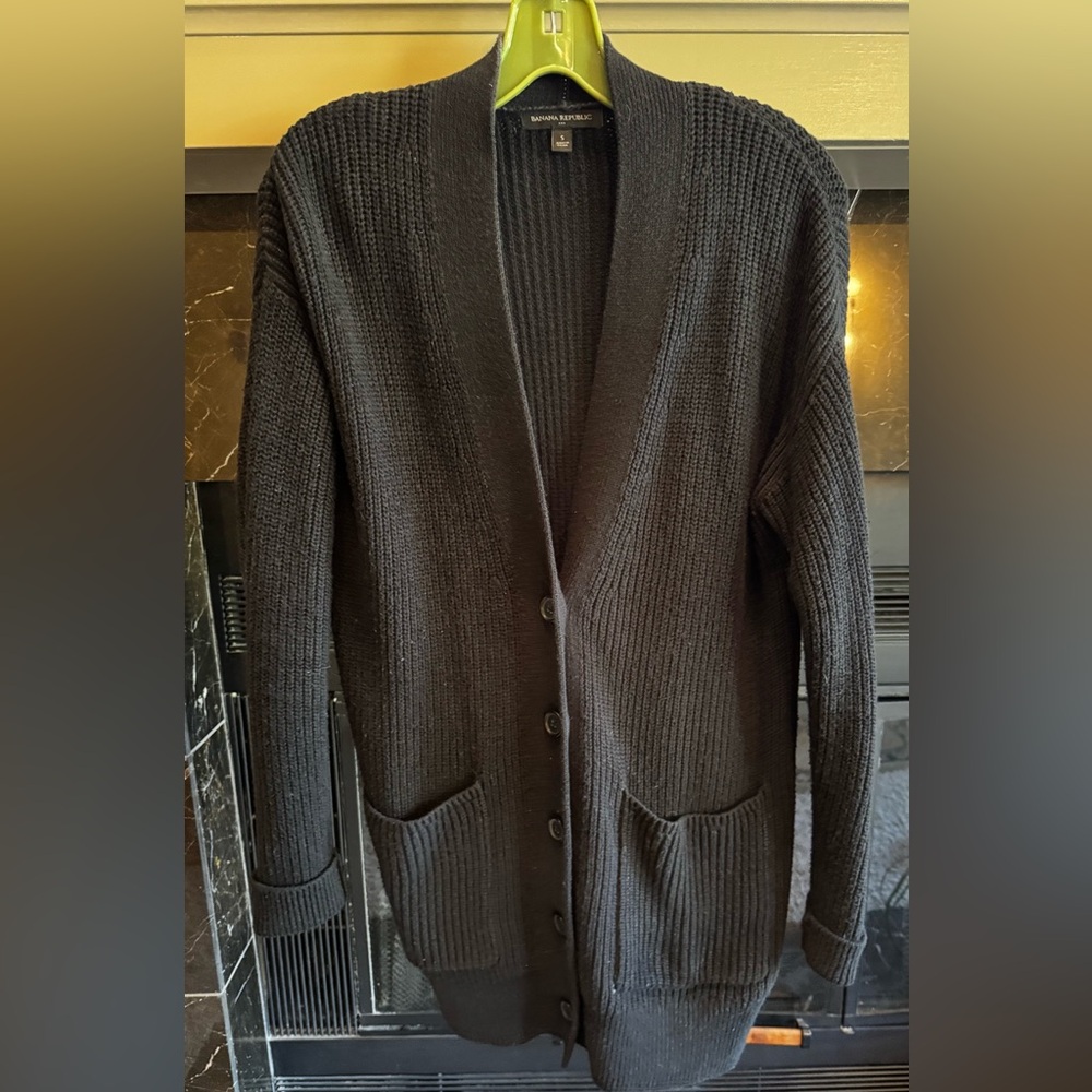 Banana Republic Black Ribbed Cotton Blend Cardigan With Pockets  Size Small
